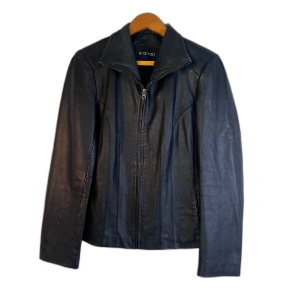 Nine West 100% Black Leather Jacket Full Zip Classic Leather Core Biker Sz Small - Picture 1 of 10